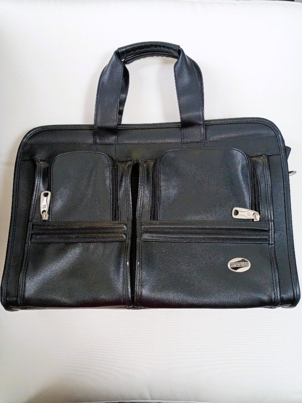 American Tourister Black Faux Leather Briefcase Multi-Pocket Laptop Travel Bag